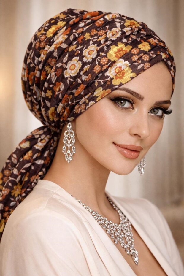قبعة بيج بنمط زهور بنية اللون مع مشبك