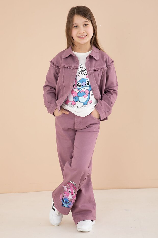 Dusty Rose Cute Character Printed Jacket and Trousers 3-Piece Girls' Set 23587
