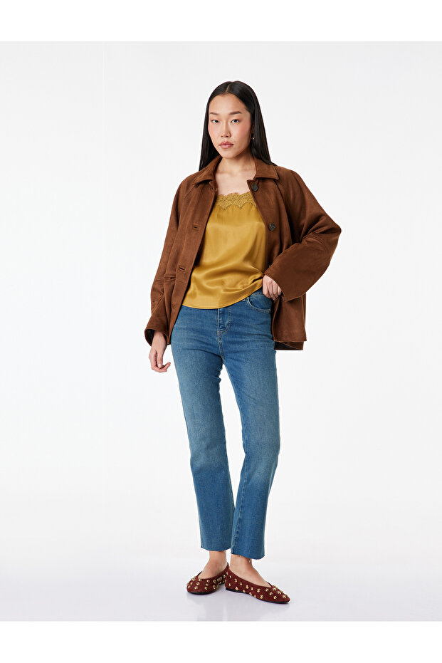 Regular Waist Slim Fit Buttoned Cotton Spanish Flare Denim Trousers - Flare Jeans