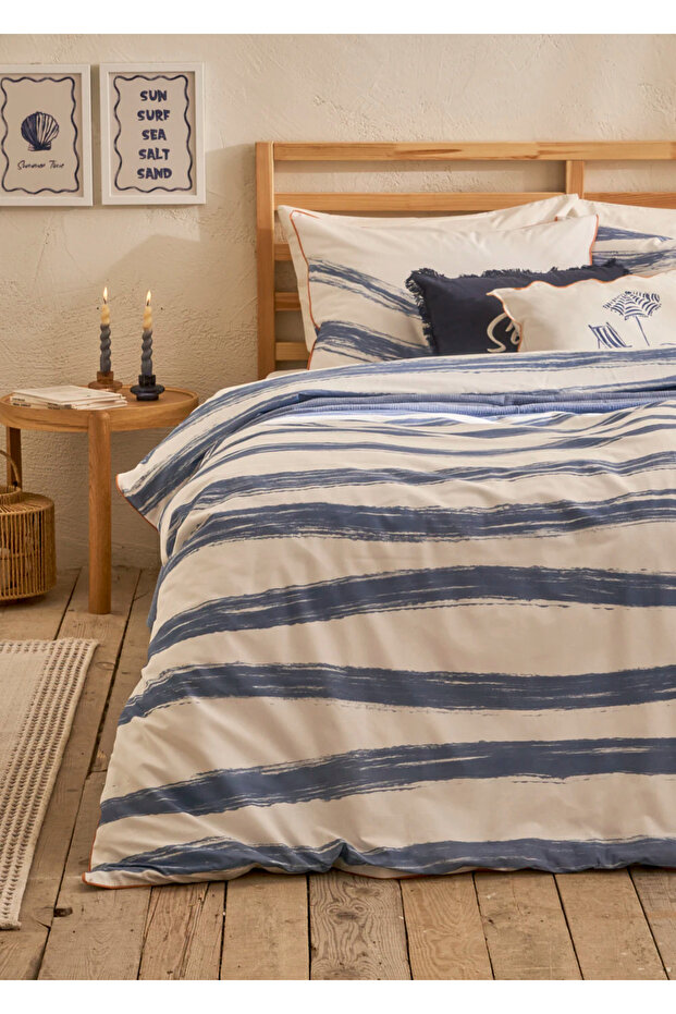 100% Cotton Satin Marine Double Duvet Cover Set Blue-White (200X220 cm)