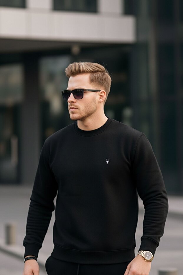 Siyah Renk Basic Bisiklet Yaka Relaxed Regular Erkek Sweatshirt - 5