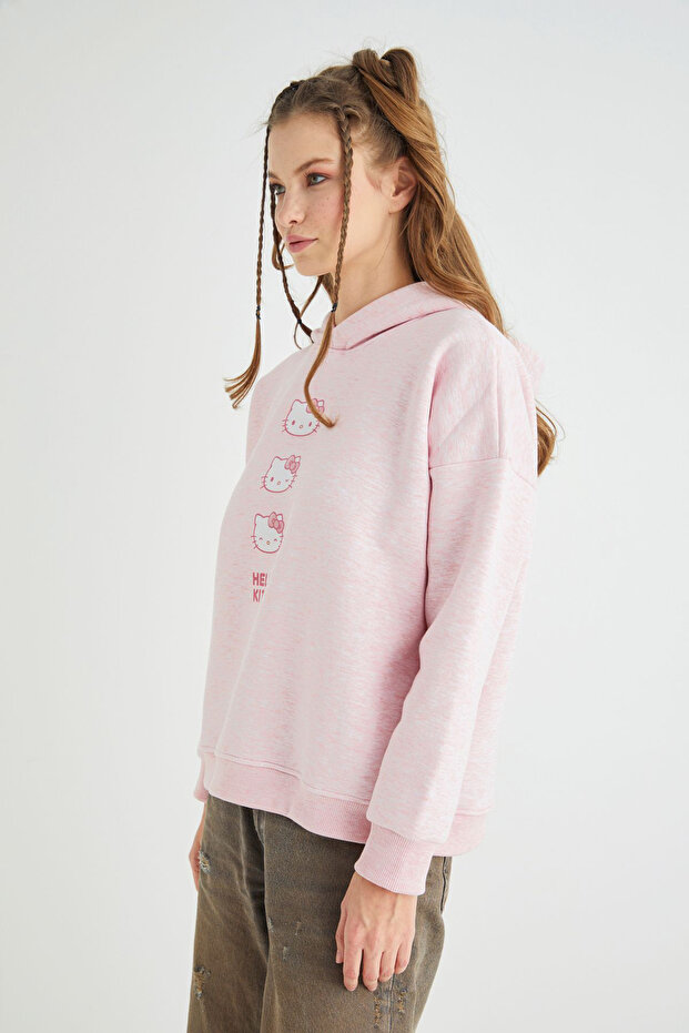 Lisanslı Baskılı Kapüşonlu Pembe Sweatshirt - 4