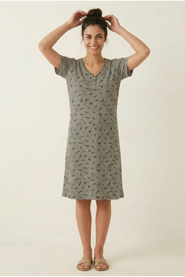 Black Striped Comfortable Patterned 100% Cotton V-Neck Short Sleeve Midi Length Daily Women's Dress