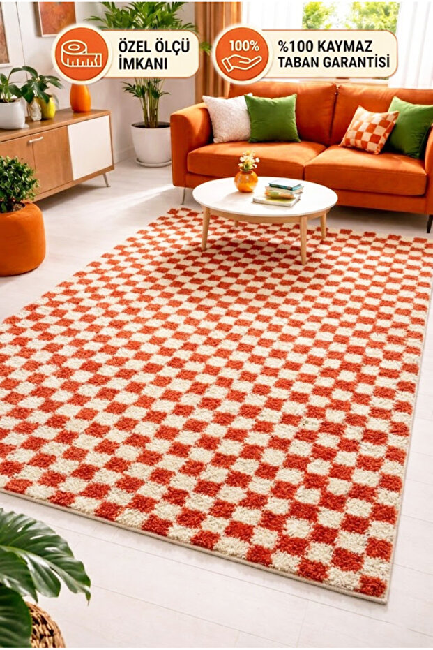 Chess Dama Patterned Bone-Salmon Living Room Bedroom Hallway Machine Carpet Runner