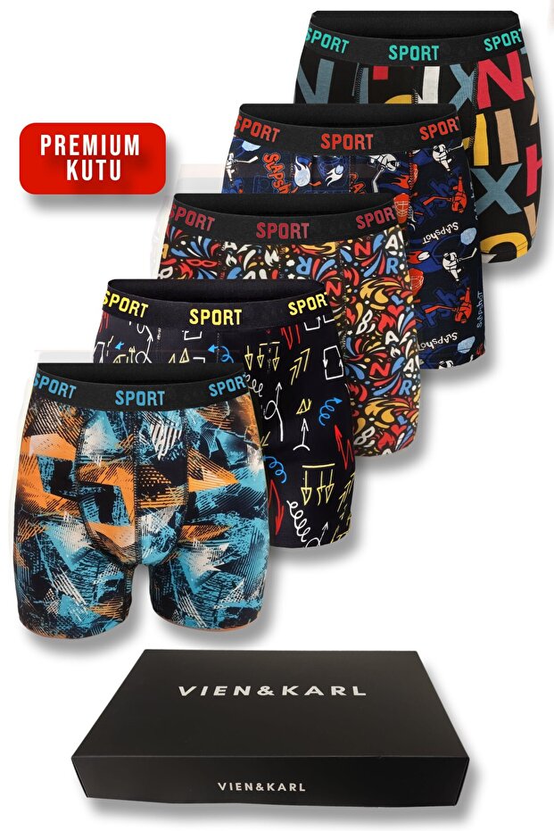 Vien&Karl Erkek Desenli 5'li Premium Kutu Penye Pamuklu Likralı Boxer
