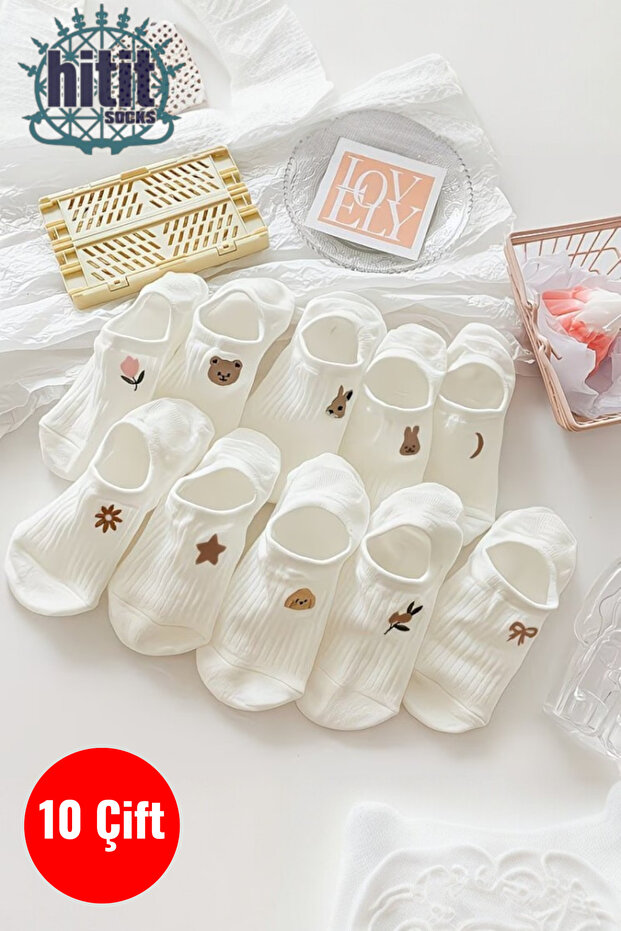 Women's 10 Pairs Premium Floral and Animal Patterned Invisible Ballet Flats Socks in Sugar White