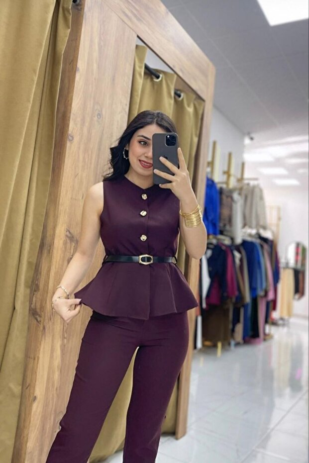 Gold Button Detailed Peplum Vest and Pencil Trousers Two-Piece Set, Jacket-Pants Set