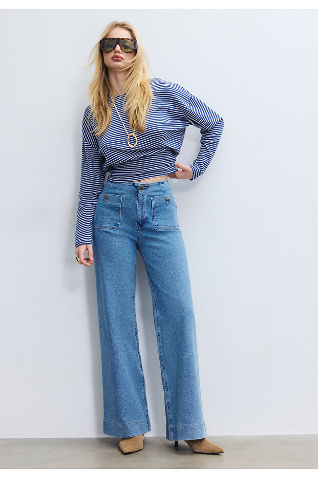 بنطلون جينز D77 بسيط مع جيوب - 1