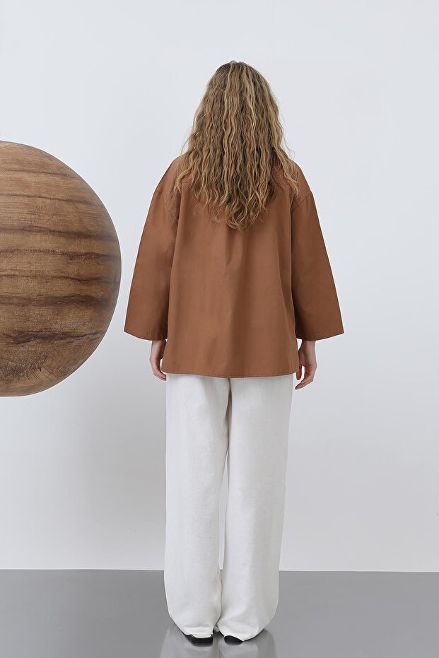 Kadın Geniş Kollu Basic Pamuklu Gömlek - 20655GML - Kahve - 6