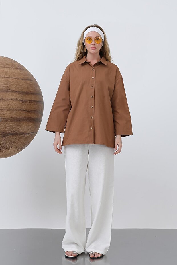 Kadın Geniş Kollu Basic Pamuklu Gömlek - 20655GML - Kahve - 4