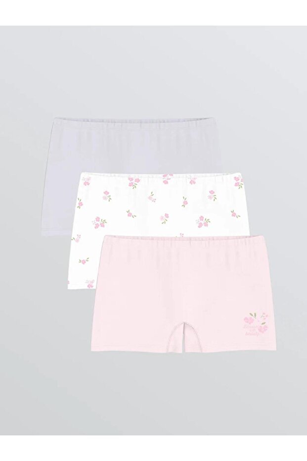 White Floral Patterned Girls' Boxer Briefs 3-Piece (S6)