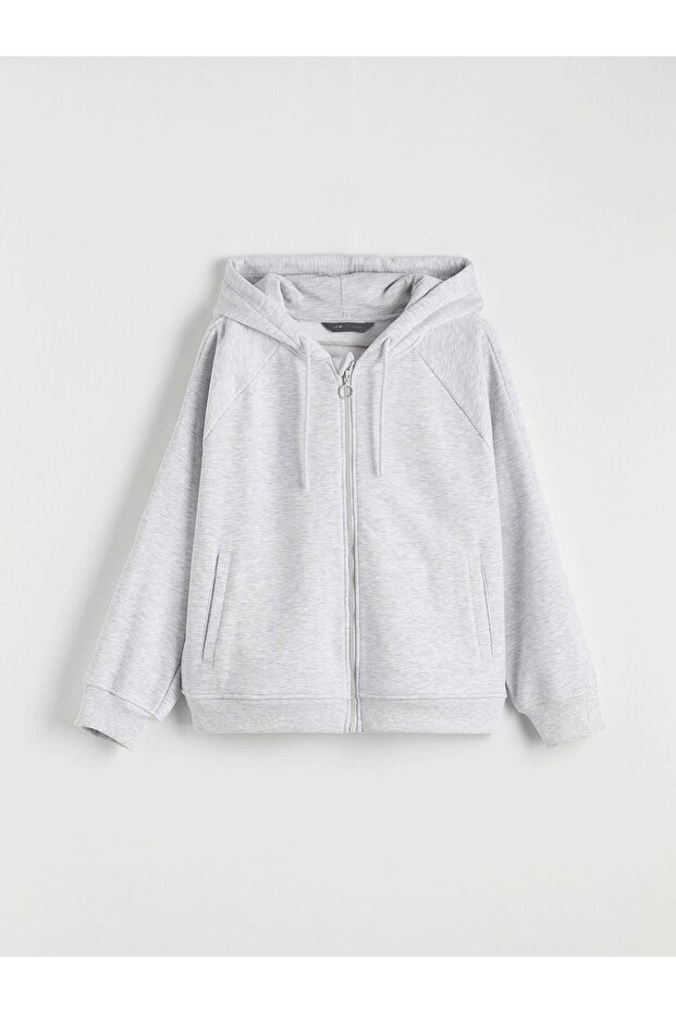 Gray Women's Oversized Thick Zippered Sweatshirt with Snap Buttons on the Sleeves (S6)