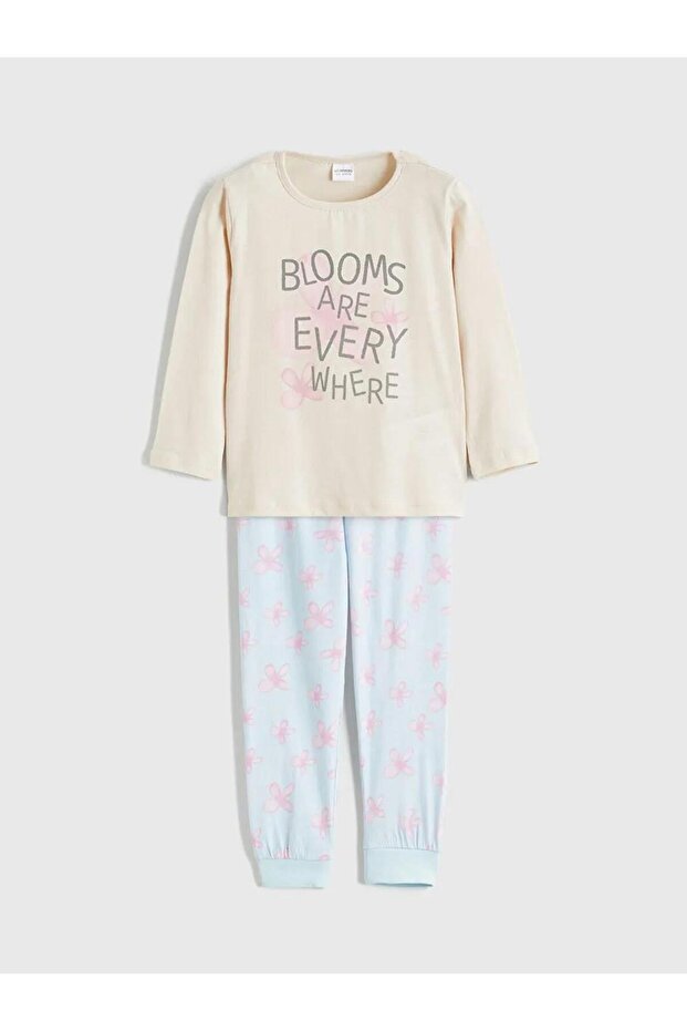 Beige Printed Girls' Pajama Set (S6)