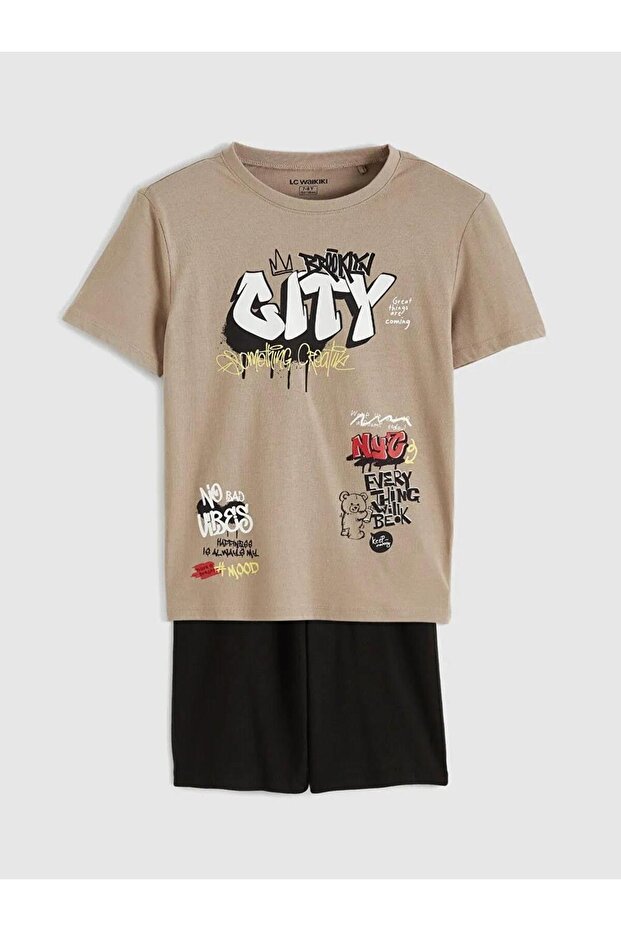 Brown Graffiti Printed Boy's Pajama Set with Shorts (S6)