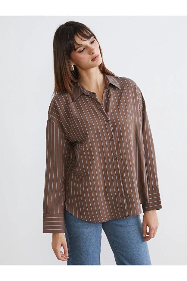 Brown Striped Oversized Women's Shirt (S6)