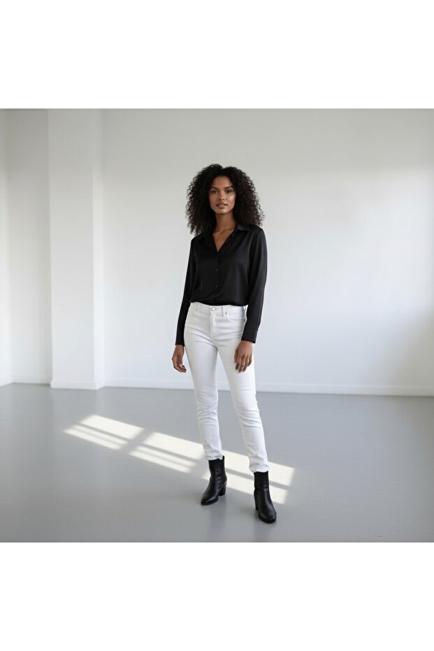 Siyah Saten Basic Dökümlü Gömlek - 6