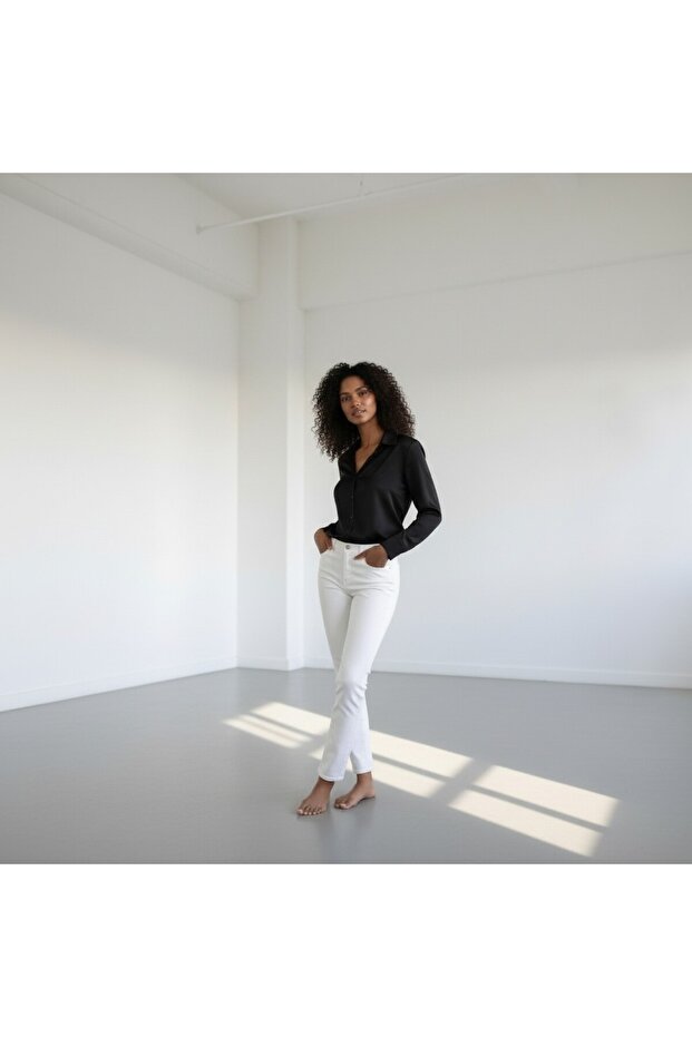 Siyah Saten Basic Dökümlü Gömlek - 5