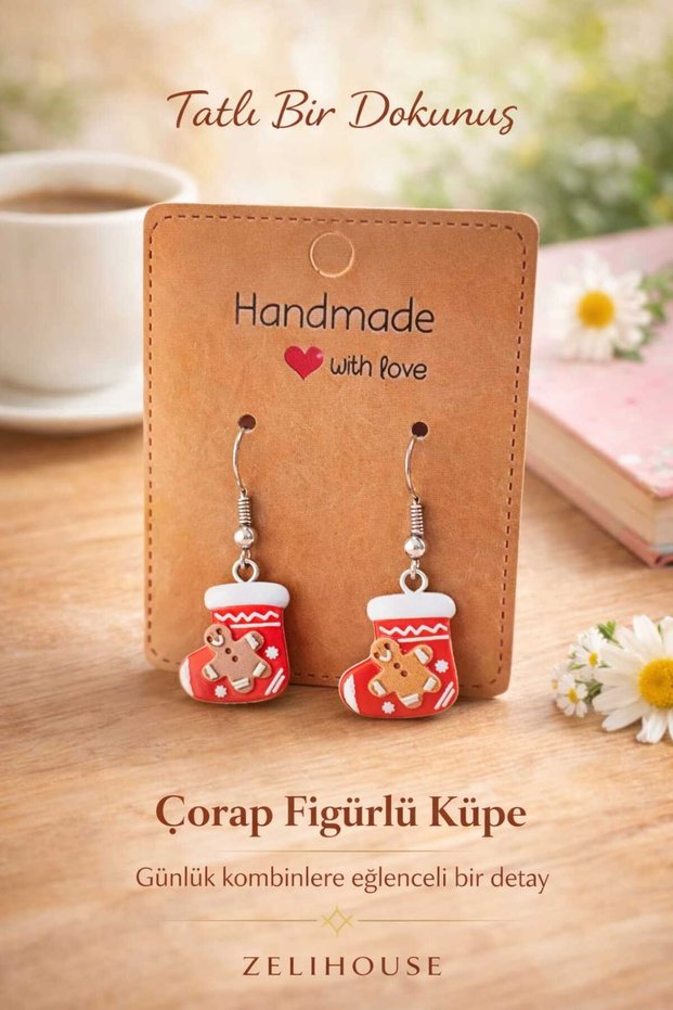 Gingerbread Man Christmas Stocking Dangle Earrings – Handmade Christmas Design, Handmade Christmas
