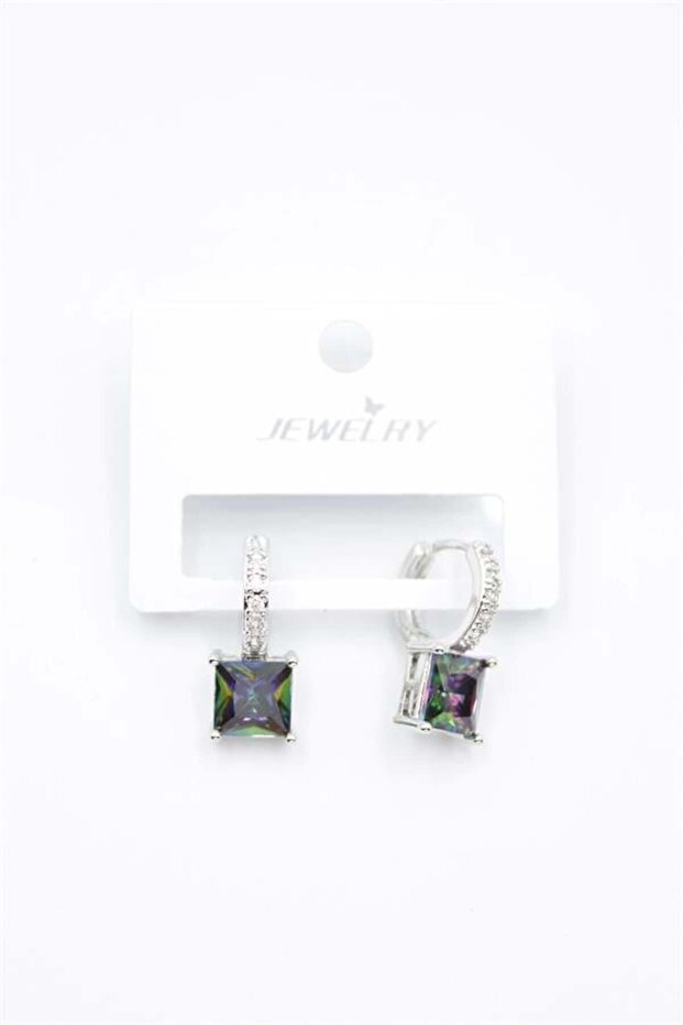 Square Jewelled Earrings - Silver