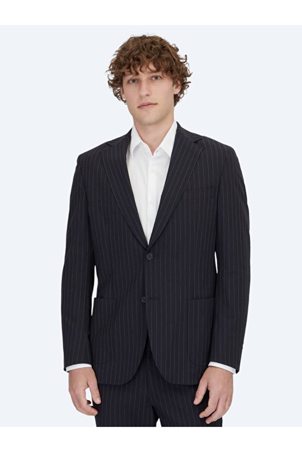 Navy Blue Striped Modern Fit Knitted Suit