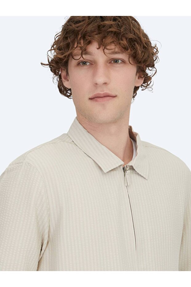 Bej Regular Fit Dokuma Overshırt - 3