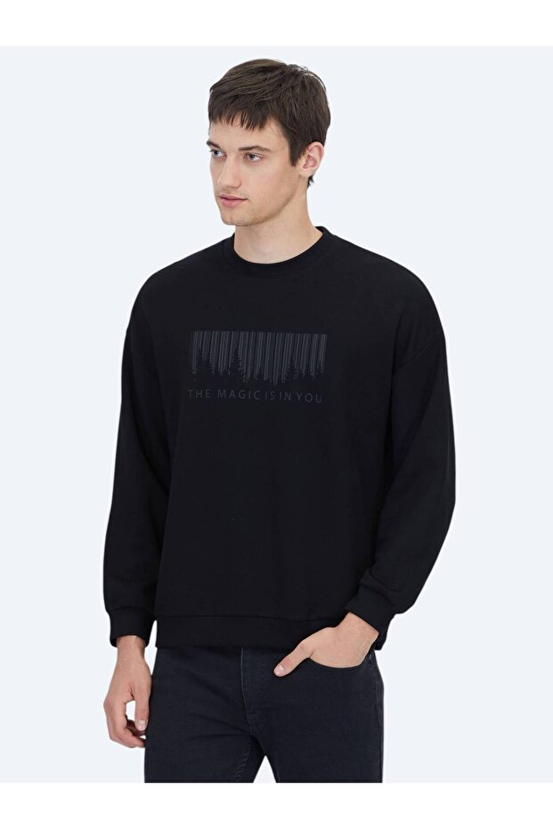 Siyah Bisiklet Yaka Baskılı Sweatshırt - 3