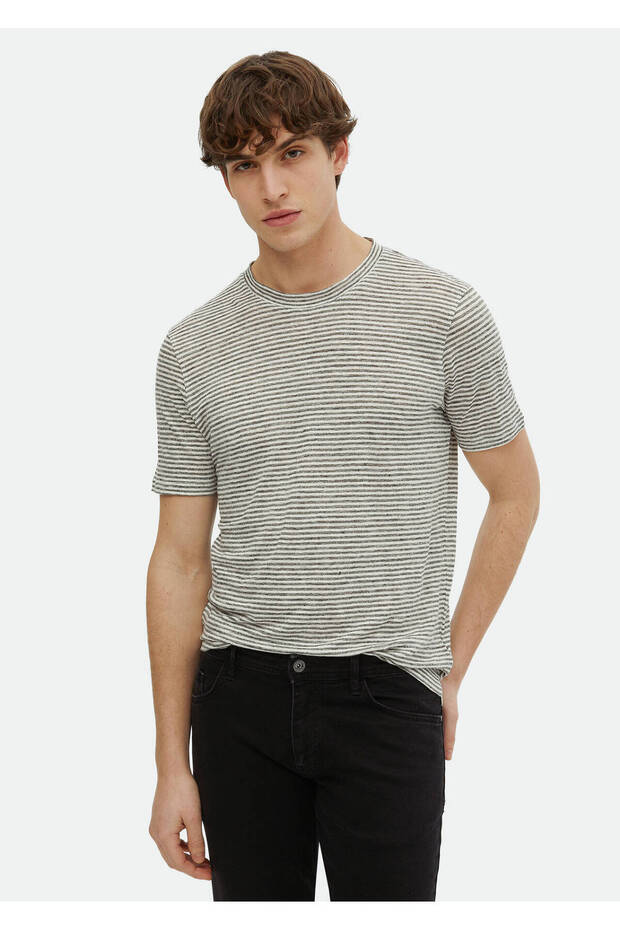 Gray Striped Crew Neck 100% Linen T-Shirt