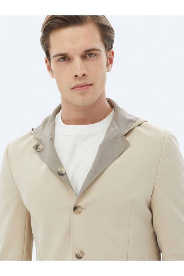 Bej Regular Fit Kapüşonlu Casual Örme Mont - 6
