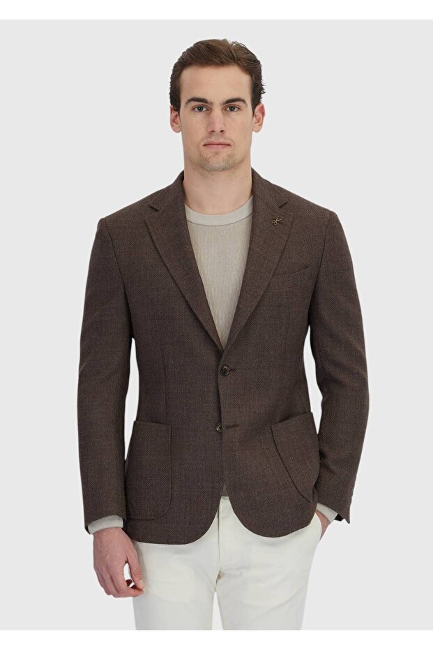 معطف بني منقوش من الصوف بنسبة 100% من Zeroweight Slim Fit