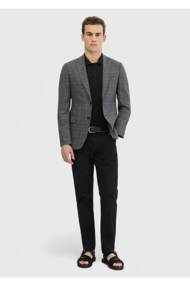 Dark Gray Patterned Regular Fit Silk Blend Jacket - 2