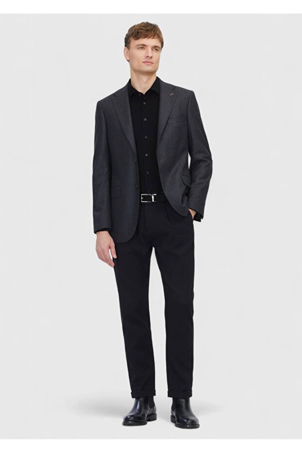 سترة صوفية سوداء منقوشة بقصة عادية 100% صوف - 2