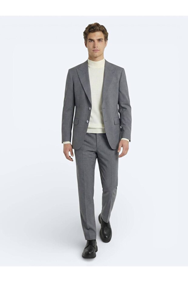 بدلة رمادية من مزيج الصوف السادة - 1