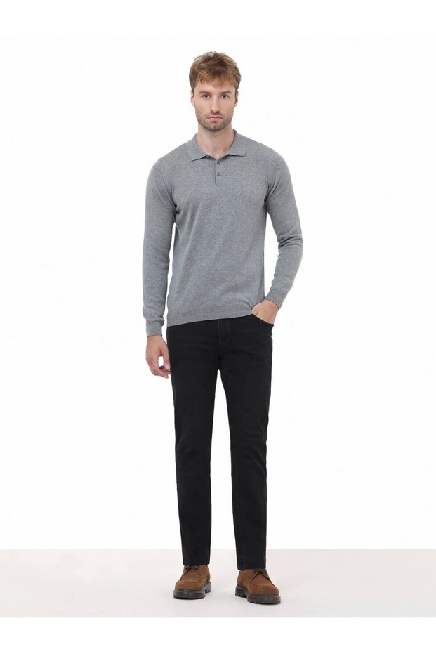 Gray Polo Neck Cotton Blended Knitwear Sweater