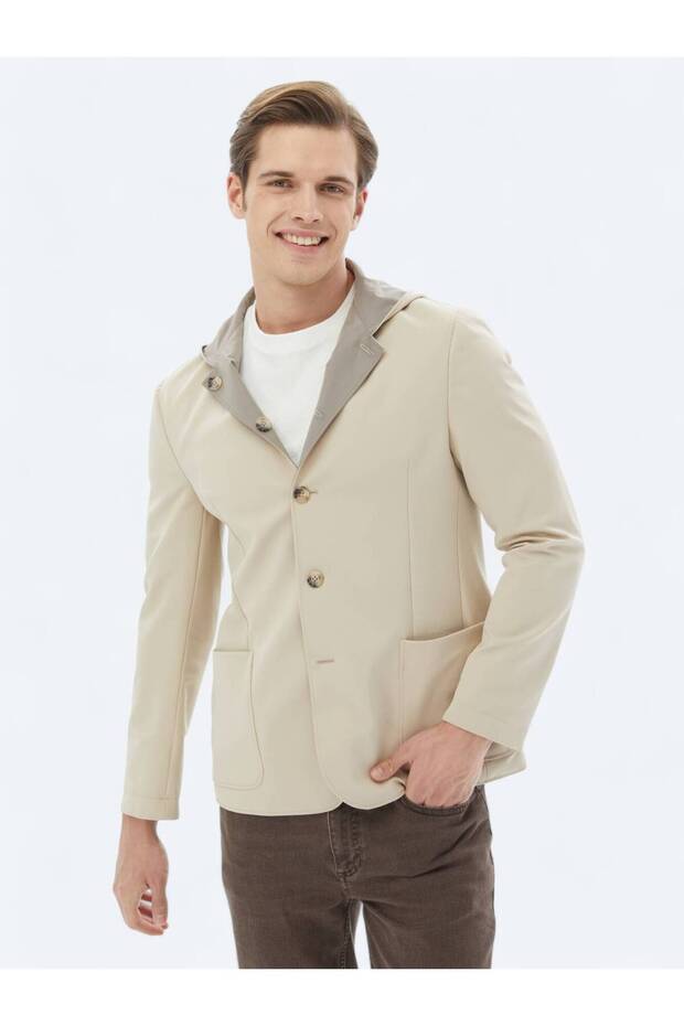 Bej Regular Fit Kapüşonlu Casual Örme Mont - 1