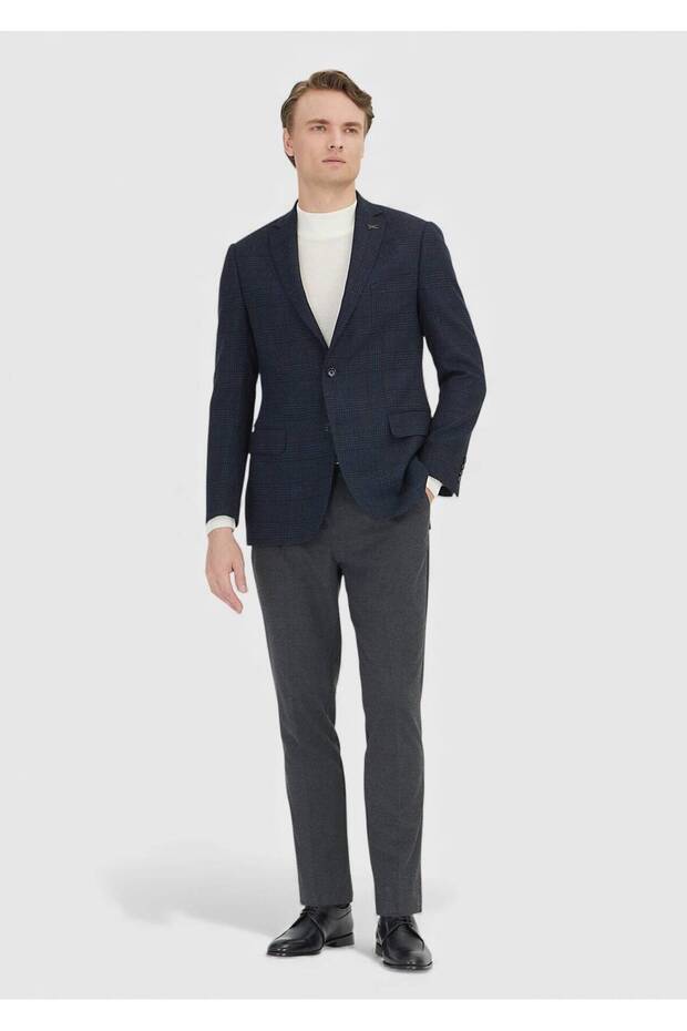 Navy Blue Patterned Regular Fit 100% Wool Jacket - 2