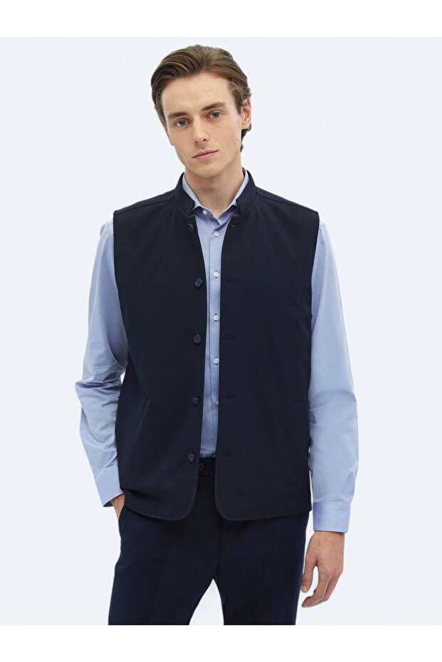 Navy Blue Regular Fit Stand Collar Casual Woven Sports Vest