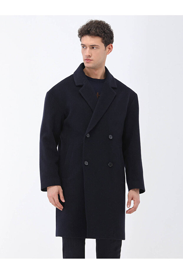 Lacivert Regular Fit Kruvaze Yaka Casual Örme Palto - 1