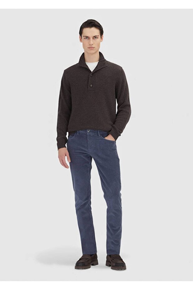 Blue Plain Woven Slim Fit Velvet Casual Cotton Blended Pants