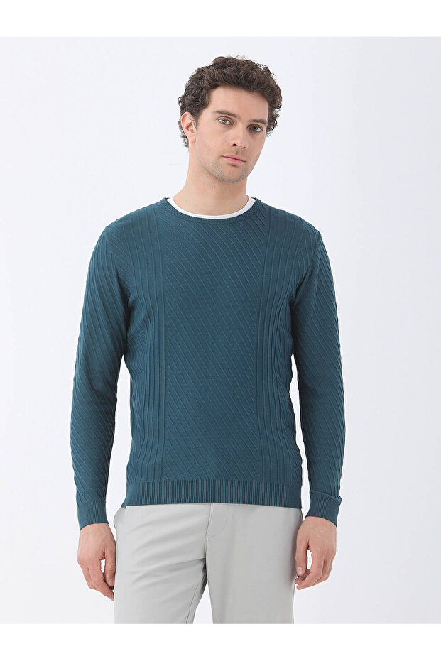 Petrol Crew Neck Jacquard Knitwear Sweater