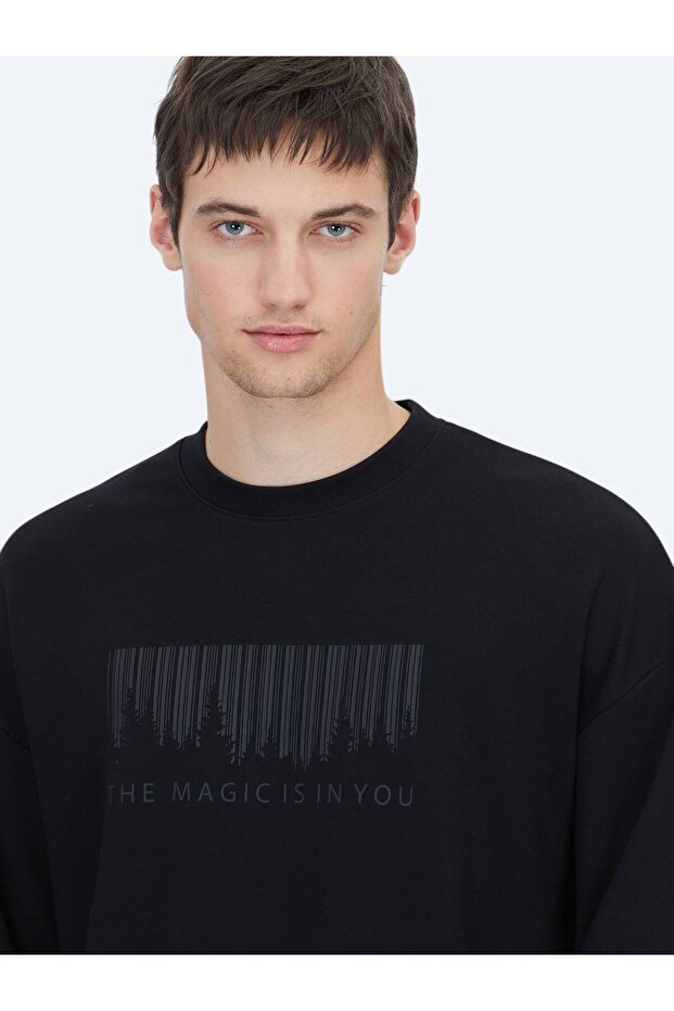 Siyah Bisiklet Yaka Baskılı Sweatshırt - 5