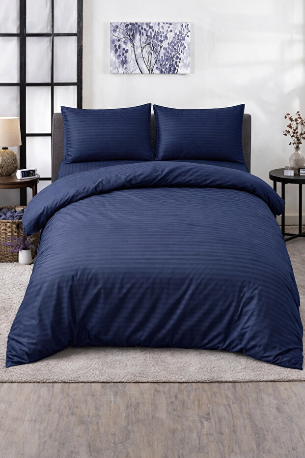 Striped Cotton Satin Navy Blue Hotel Series Double Duvet Cover Set with Elastic Sheets