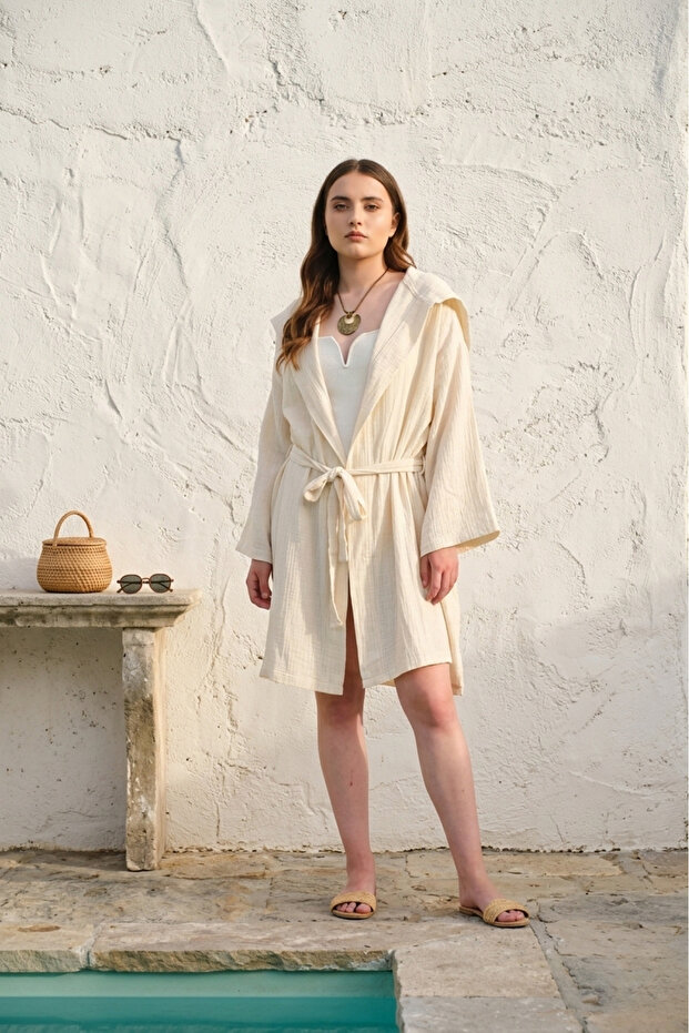Cotton Short Hooded Muslin Women's Bathrobe Beige