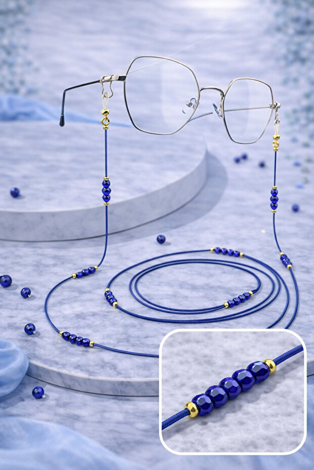 Drawstring Beaded Glasses Cord / Chain Navy Blue