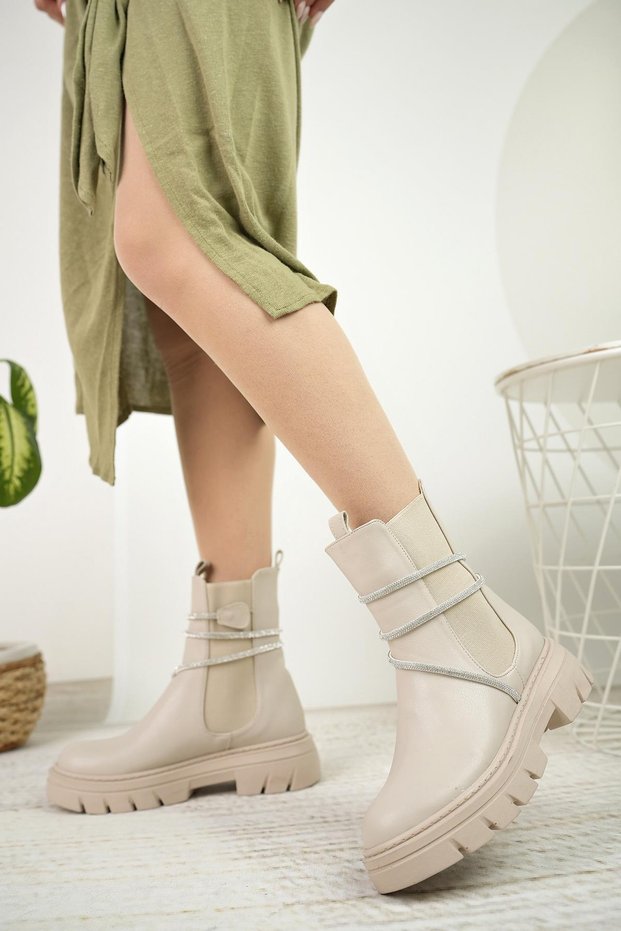 Fncy 205 Beige Double Elastic Women's Boots