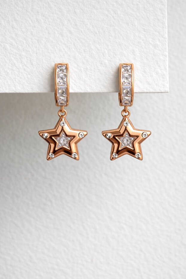 Steel Rose Gold Stone Archie Star Earrings - Does Not Tarnish -