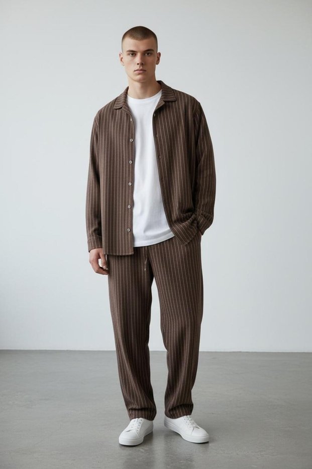 Men's Brown Striped Oversized Shirt-Pants Set