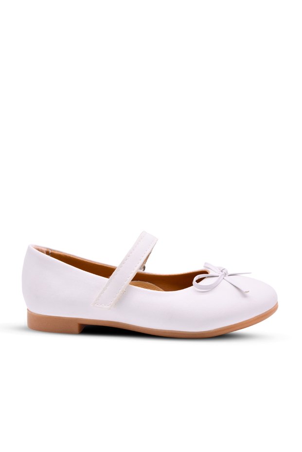 Girl's White Single Velcro Pu Leather Ballerina Shoes