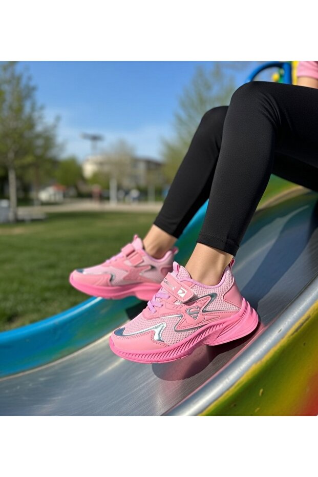 Children's Lace-Up Pink Single Hook-and-Loop Stretchy Lightweight Breathable Comfortable Unisex Mesh Sneakers Sneakers