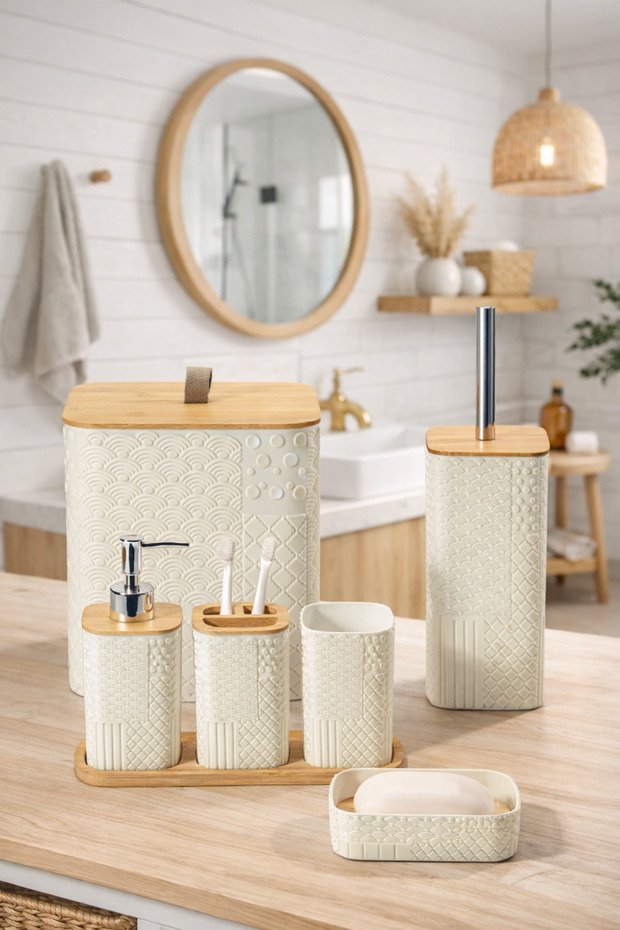 Patterned 7 Piece Bamboo Bathroom Set with Lid and Accessories
