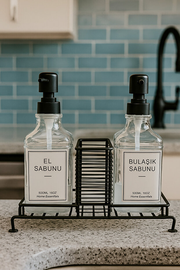 Premium Glass Liquid Soap Dispenser & Detergent Dispenser Set with Stand – Double (with Sponge Holder Compartment)